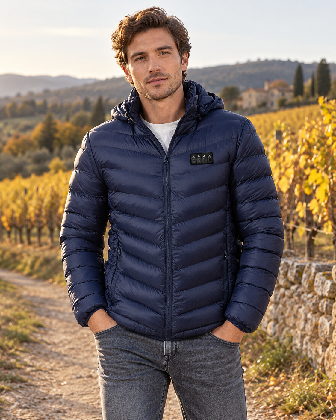 Un homme portant une doudoune chauffante bleu marine en automne