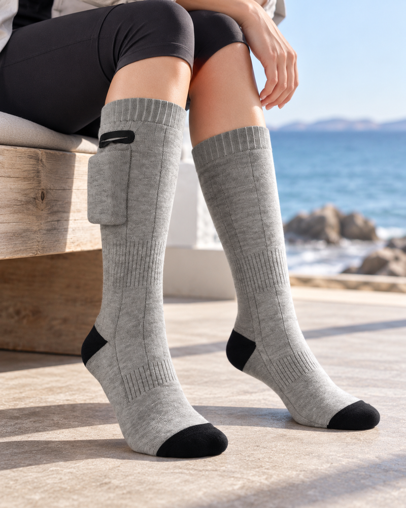 Chaussettes chauffantes grises portées lors d’une pause en extérieur
