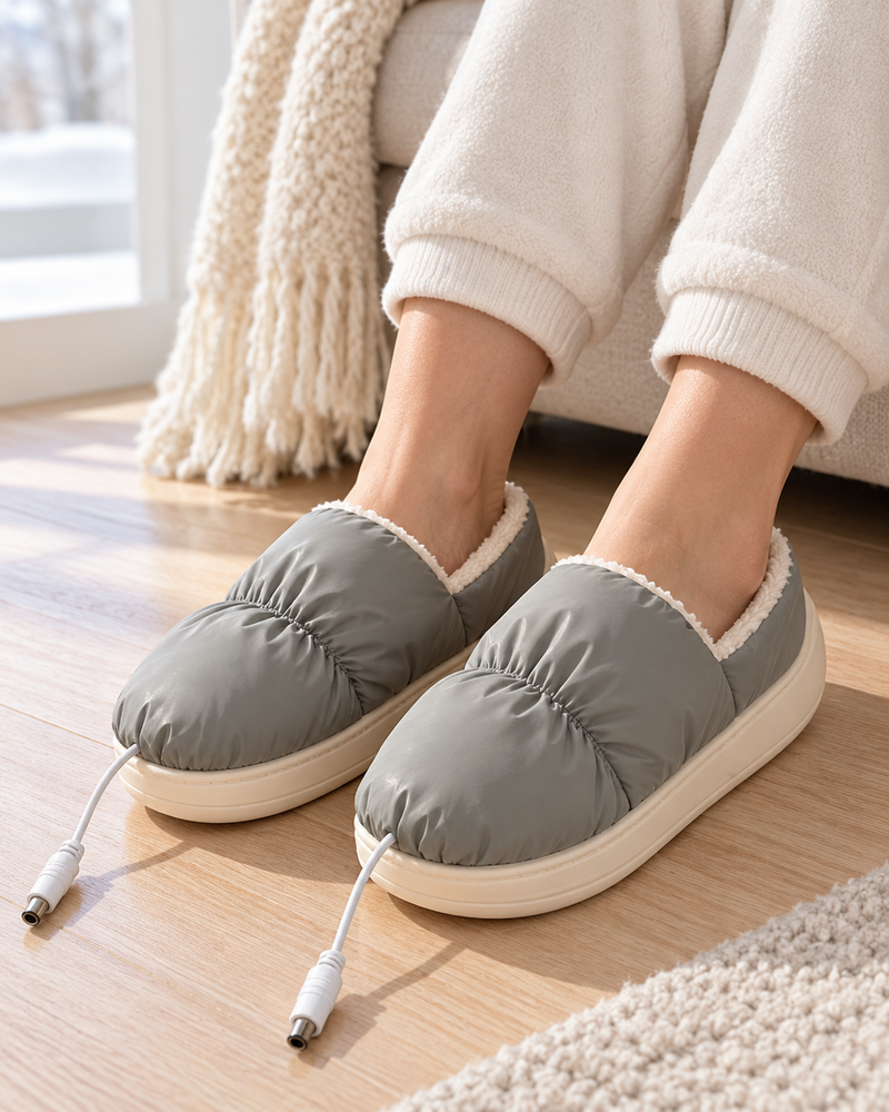 Chaussons chauffants gris portés dans un intérieur lumineux