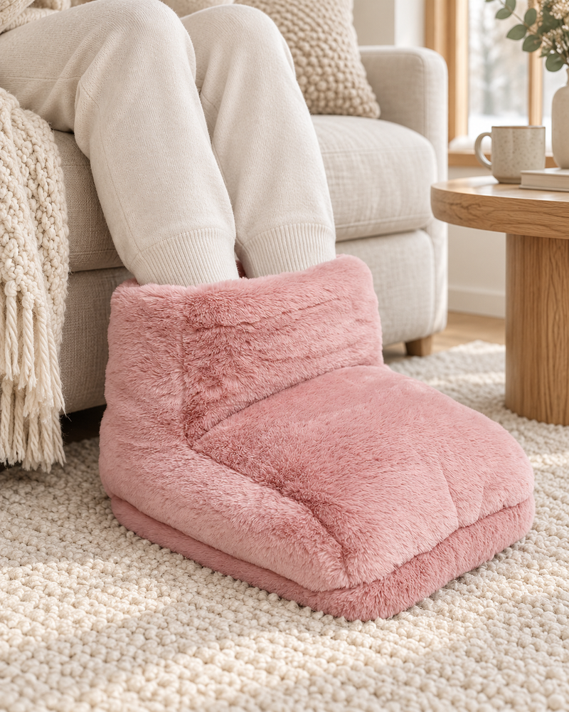 Chauffe-pieds rose en peluche porté à la maison près du canapé