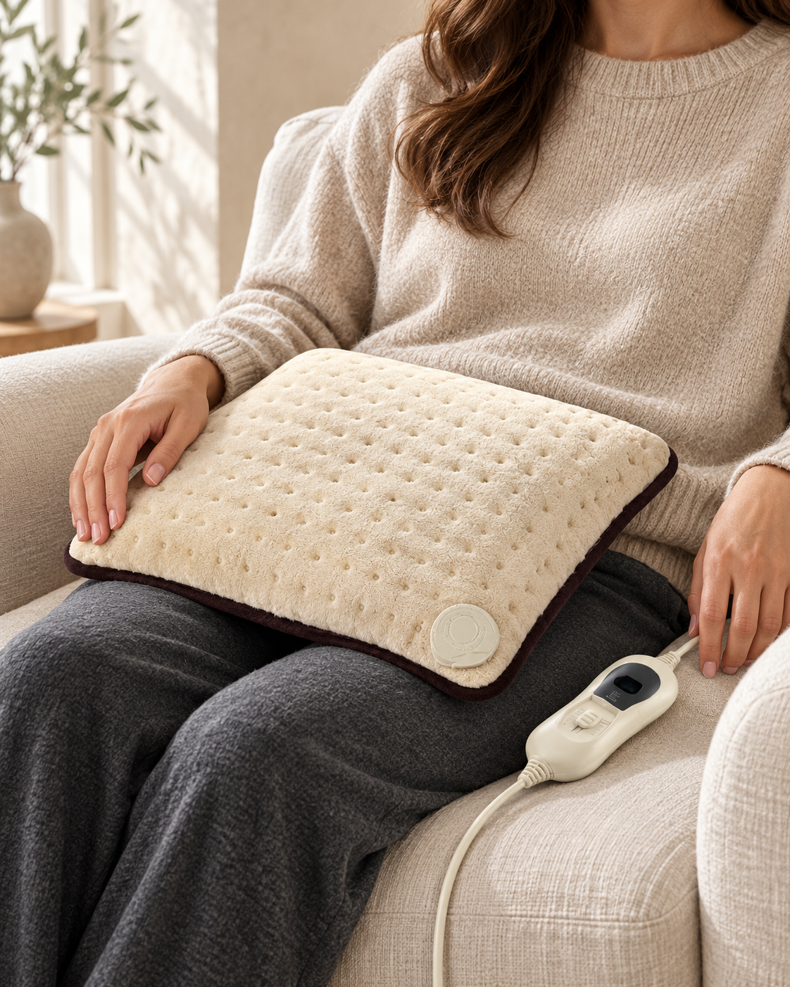 Coussin chauffant écru à relief posé sur les genoux dans un fauteuil