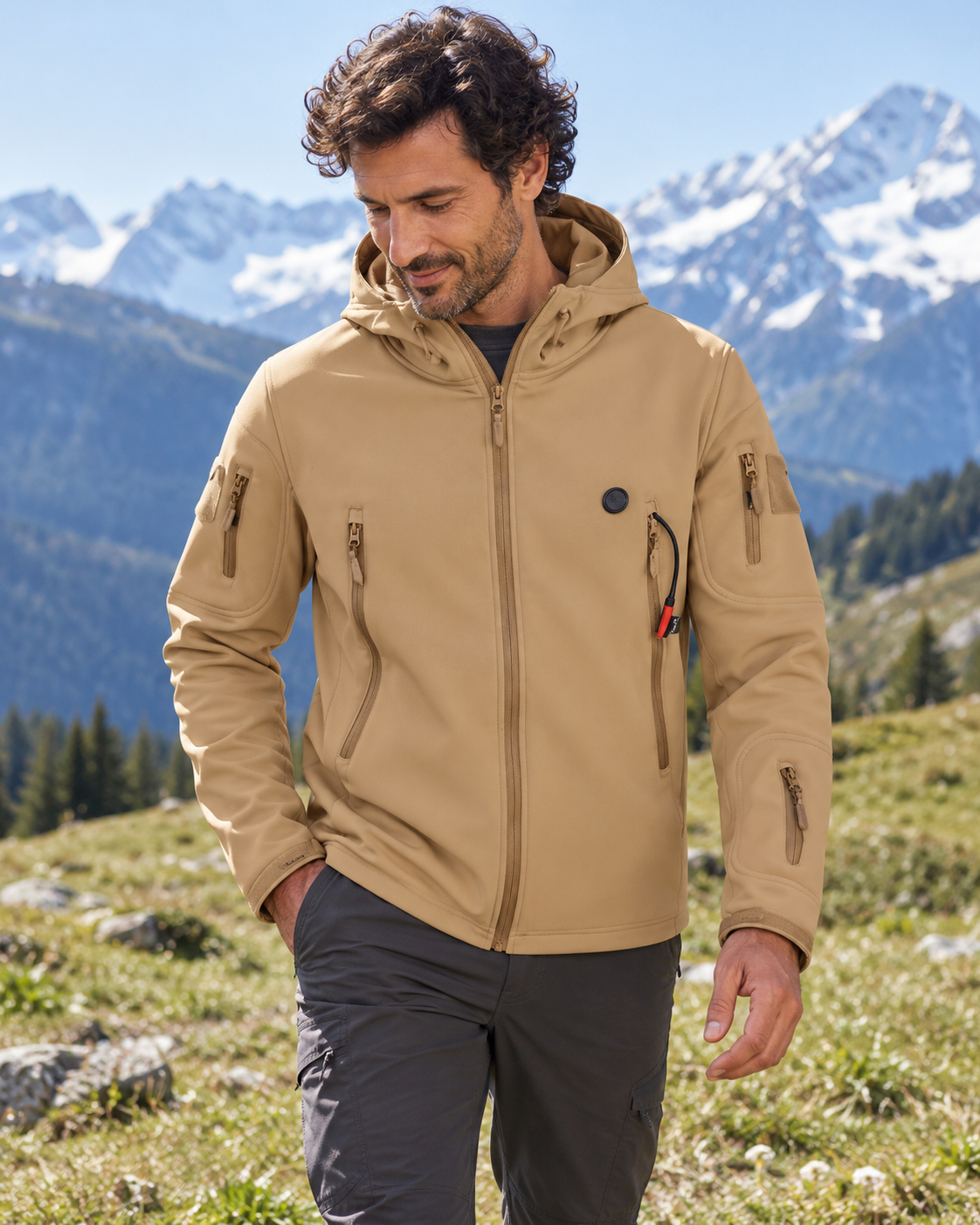 Blouson chauffant à capuche en coton pour hommes — porté en situation