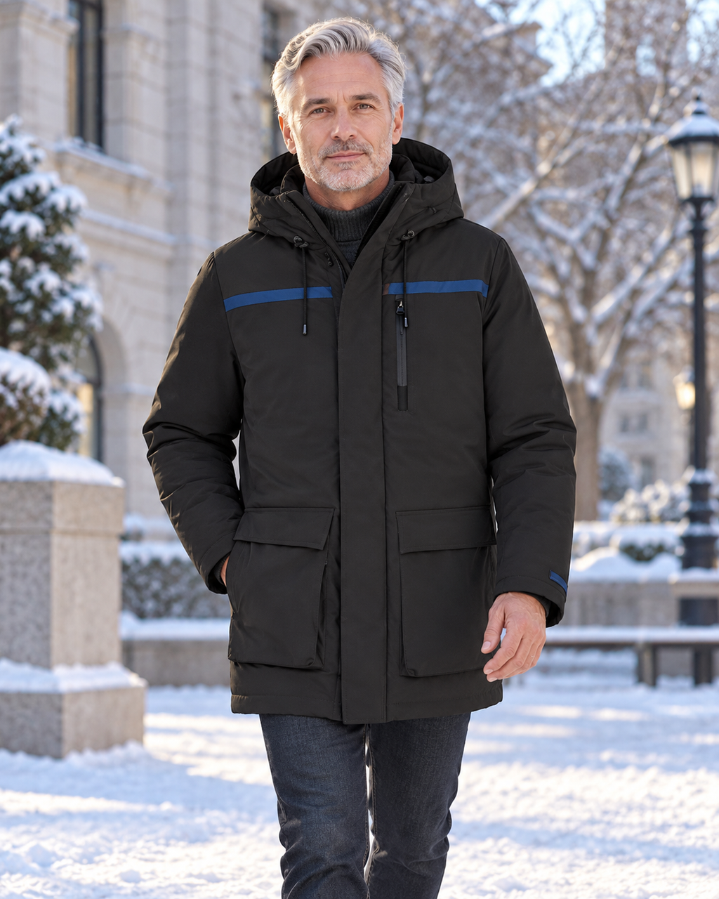 Manteau chauffant avec batterie pour hommes — porté en situation