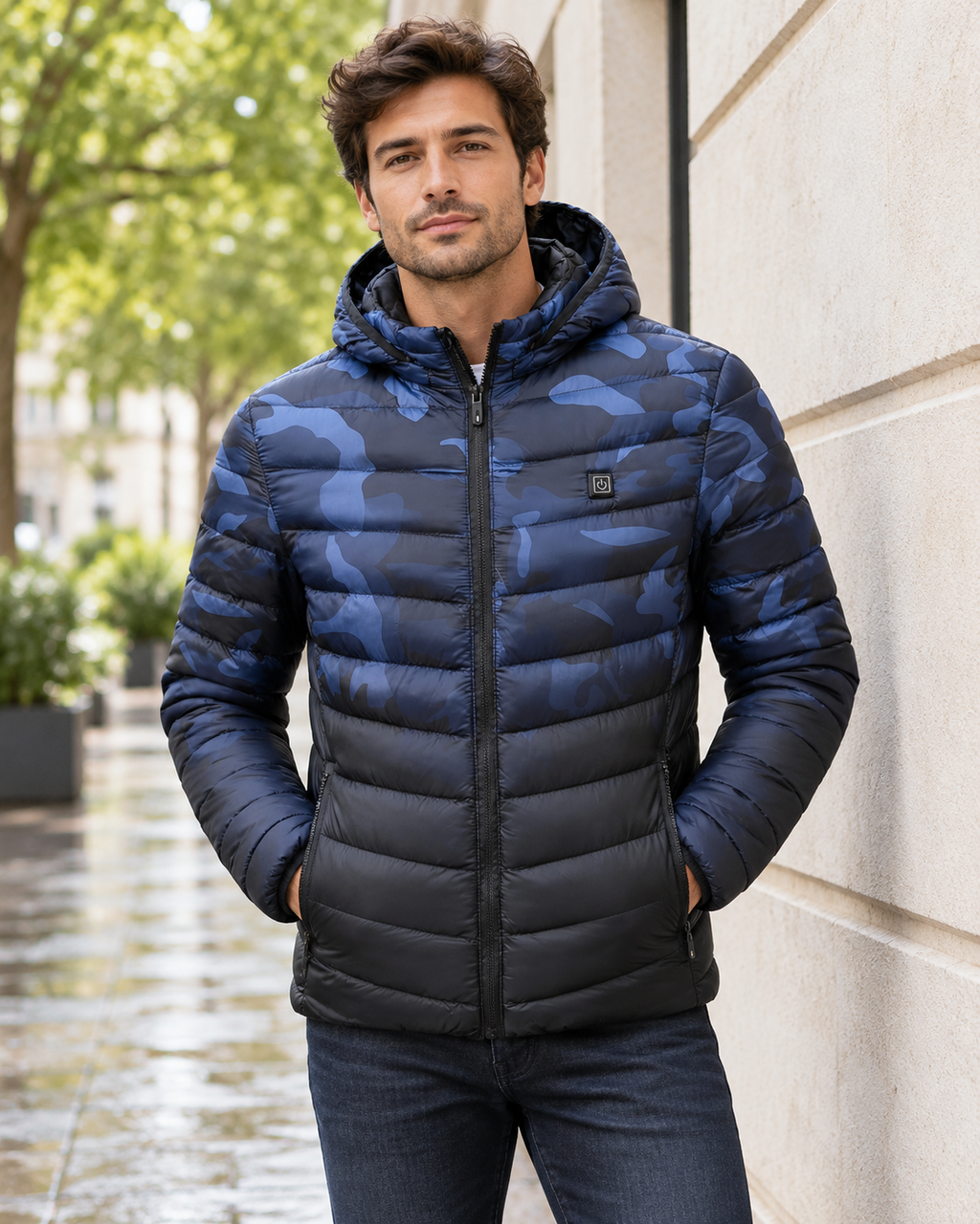 Doudoune chauffant imperméable style militaire hommes — porté en situation