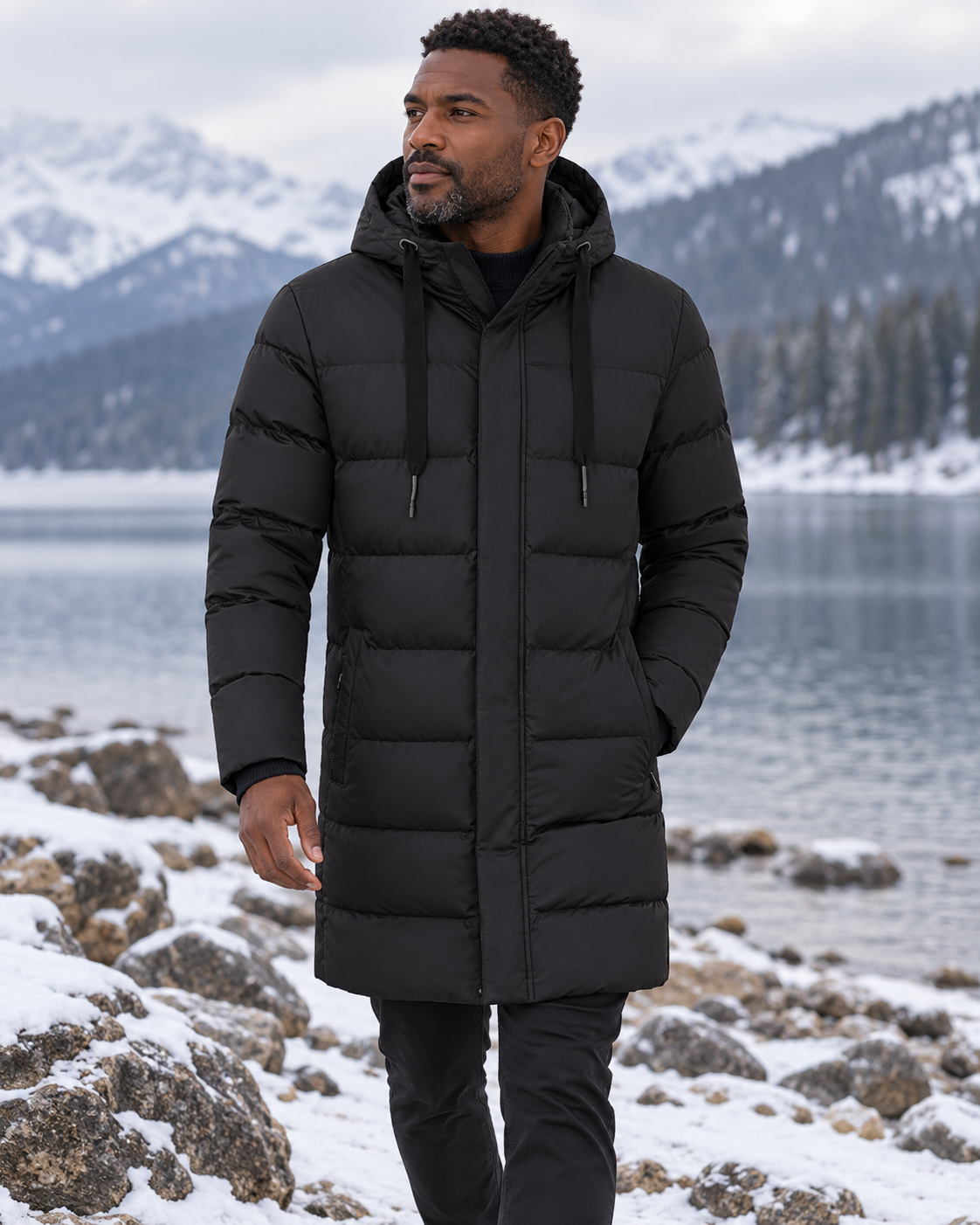 Manteau chauffant long pour homme — porté en situation