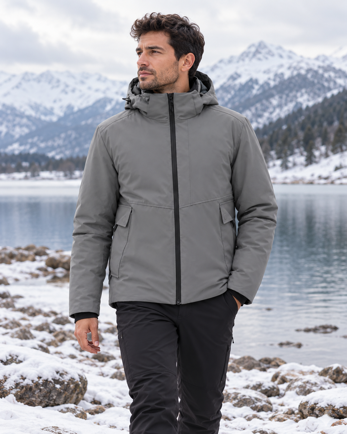 Blouson de ski chauffant avec batterie pour homme — porté en situation