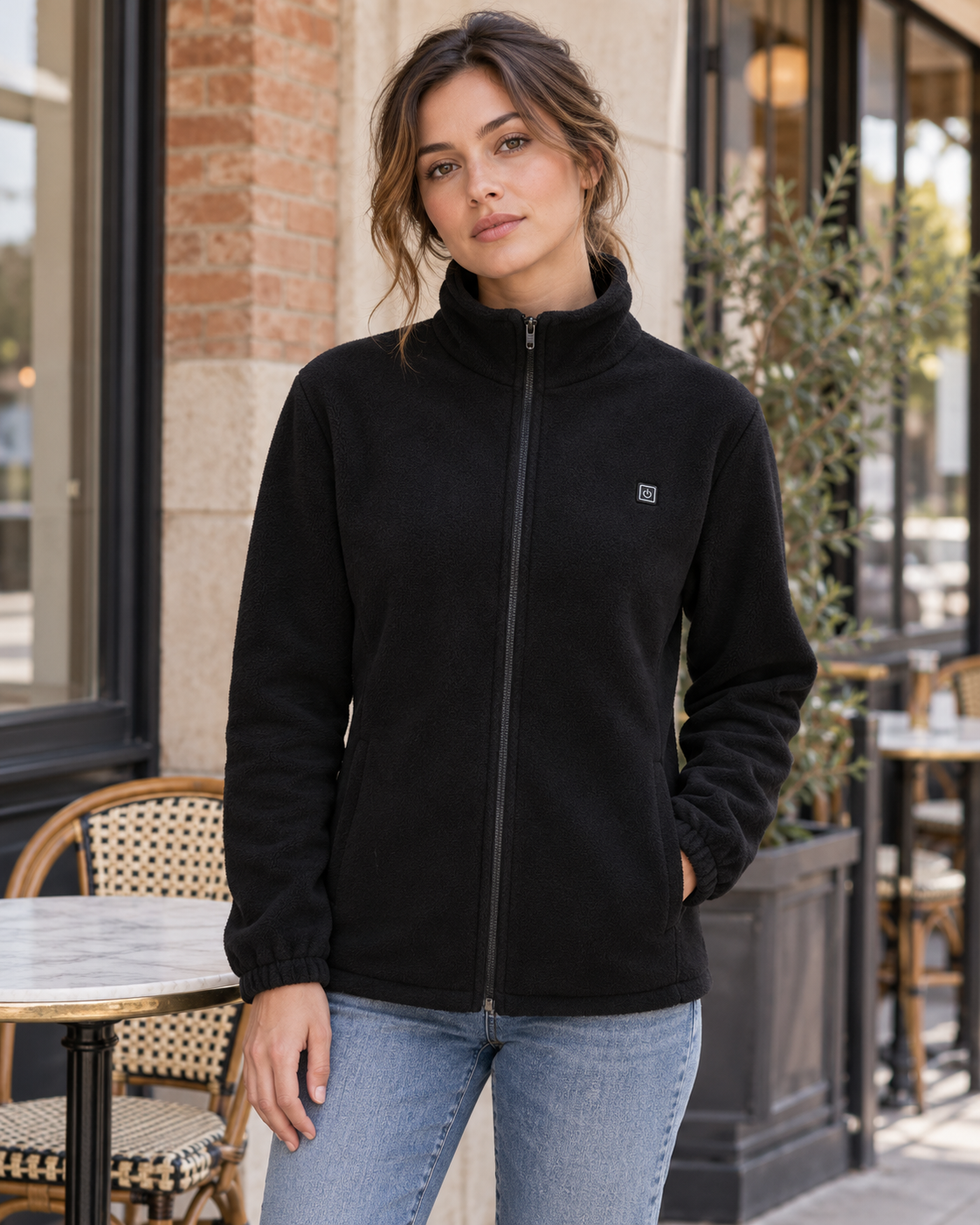 Pull chauffant électrique en polaire à zip — porté en situation