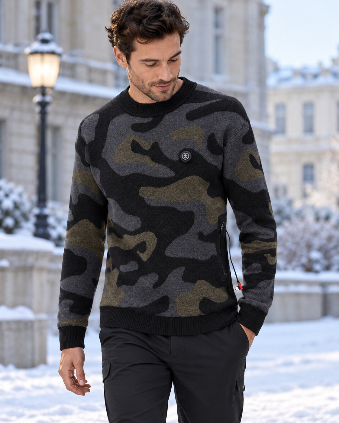 Pull chauffant USB imprimé camouflage — porté en situation