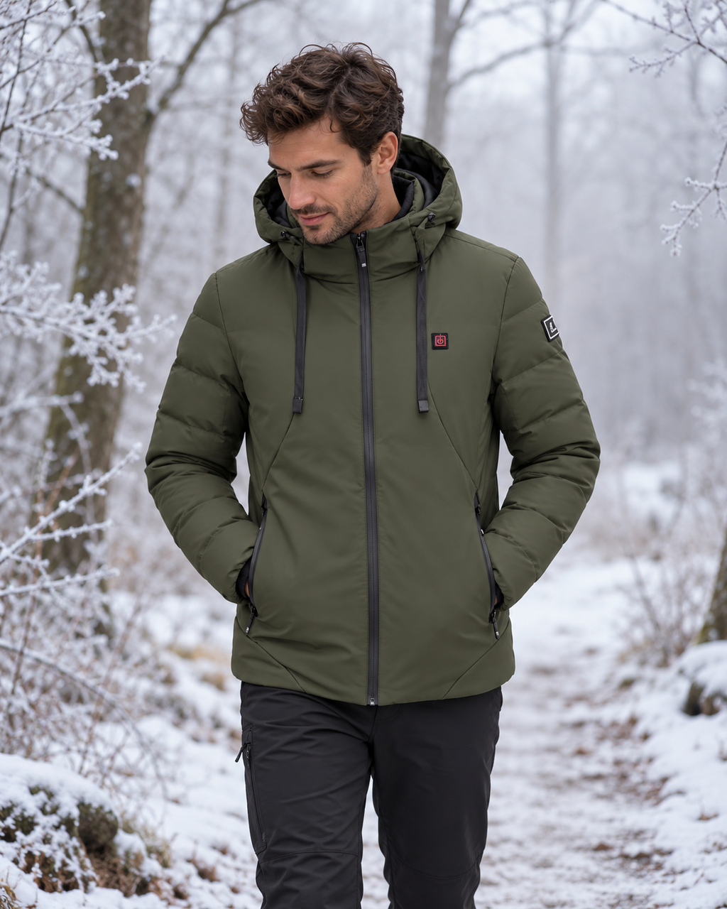 Manteau chauffant à capuche et imperméable pour homme — porté en situation