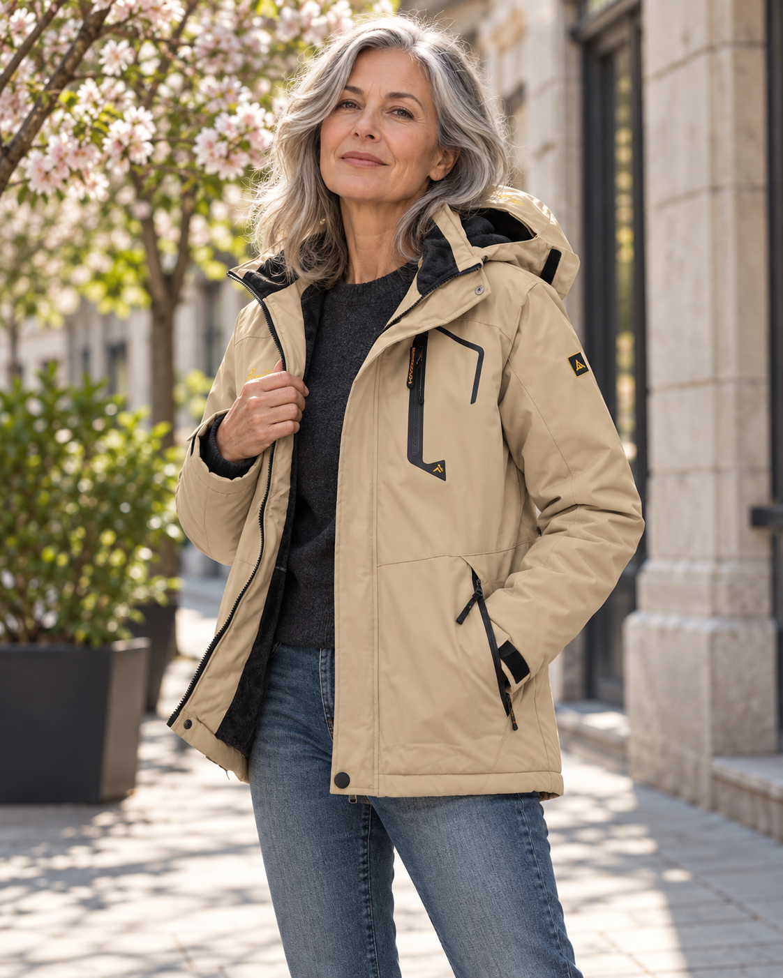 Manteau chauffant à manches longues pour femmes — porté en situation