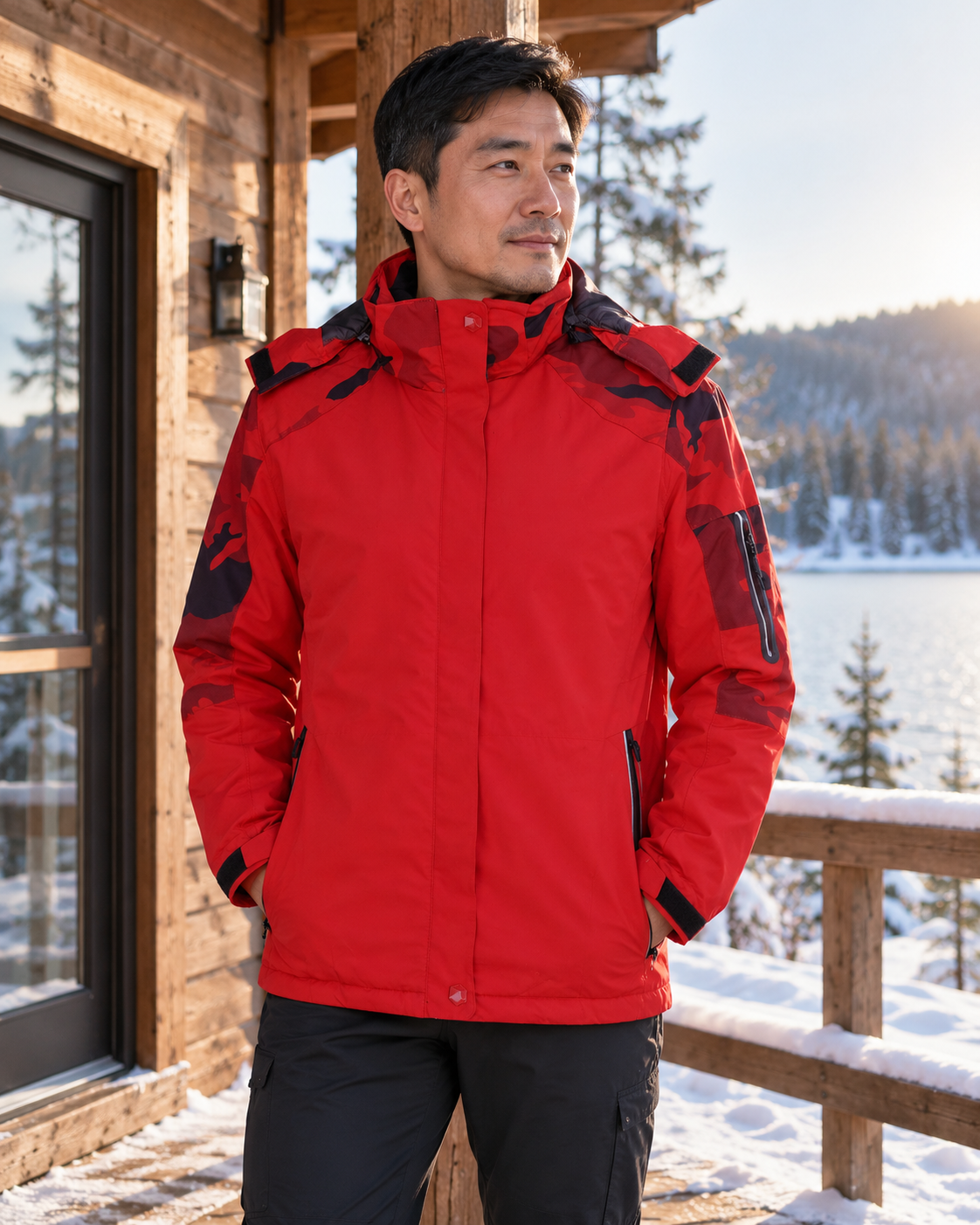 Manteau chauffant et résistant aux intempéries pour homme — porté en situation