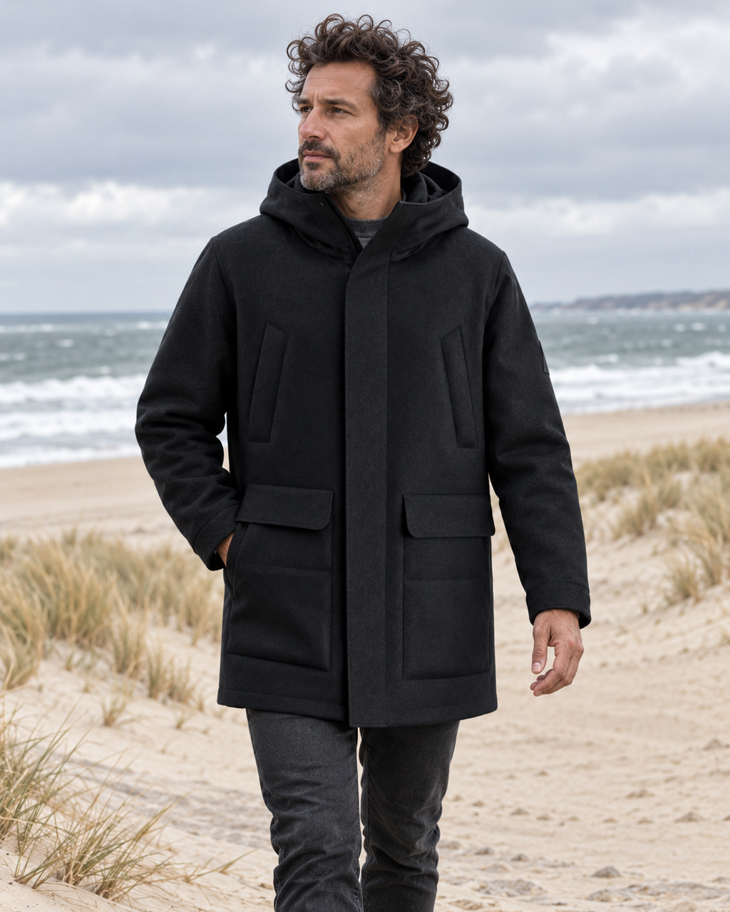 Manteau chauffant électrique avec port USB pour hommes — porté en situation
