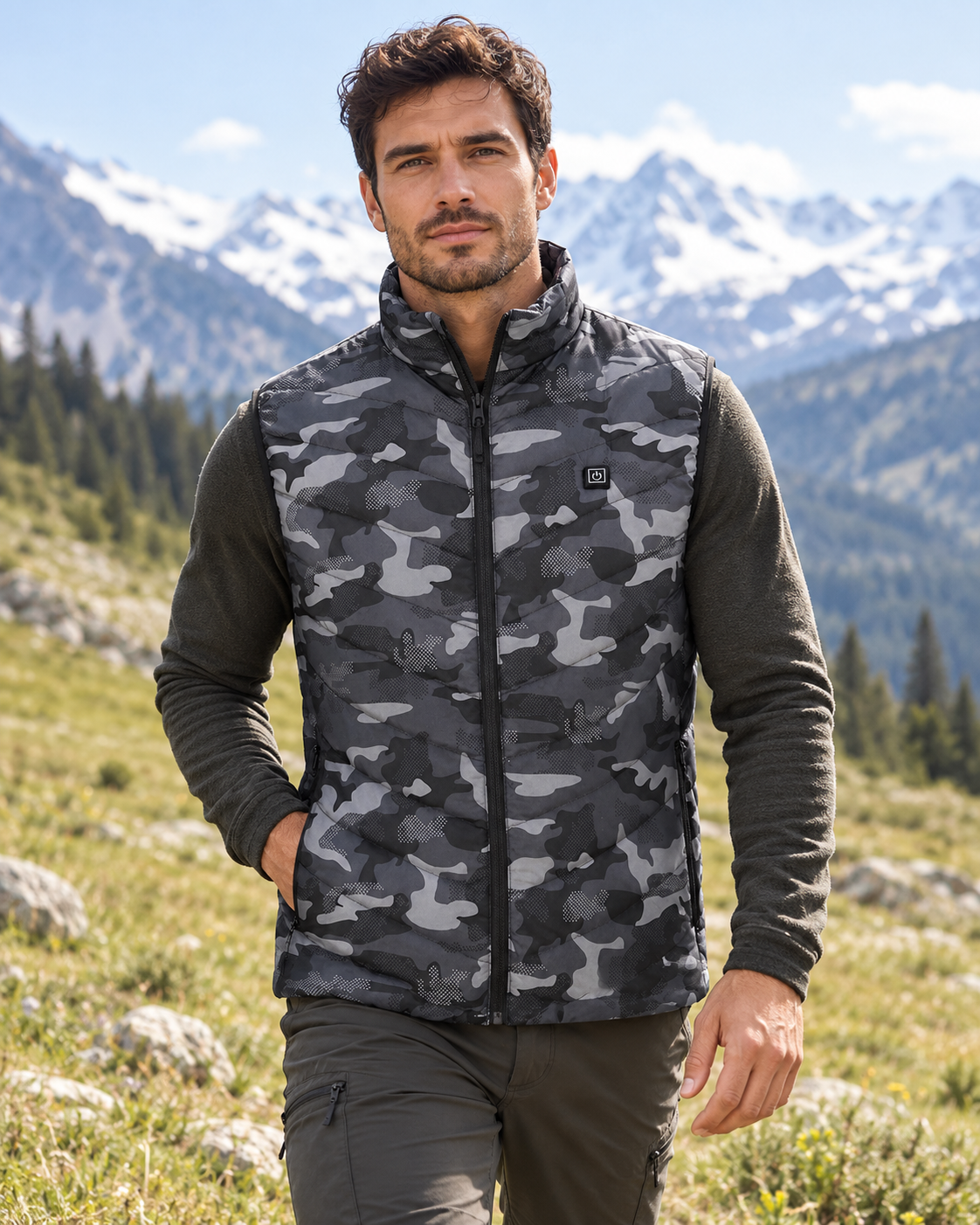 Gilet chauffant de chasse col montant et motif camouflage — porté en situation