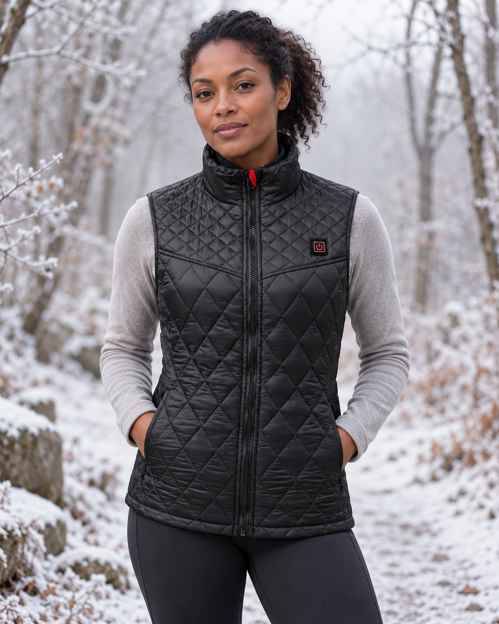 Gilet chauffant col montant pour femme — porté en situation