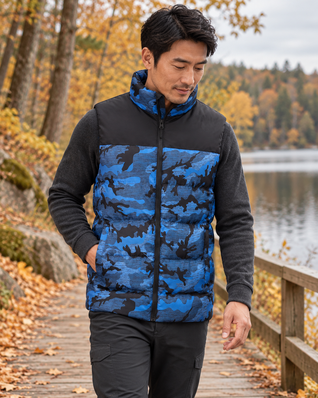 Gilet chauffant de chasse avec motif camouflage — porté en situation