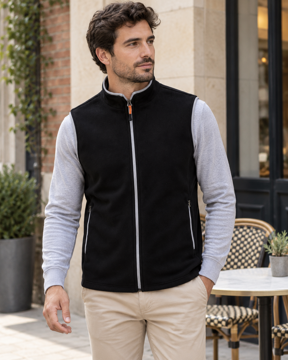 Gilet chauffant en polaire noire pour homme — porté en situation