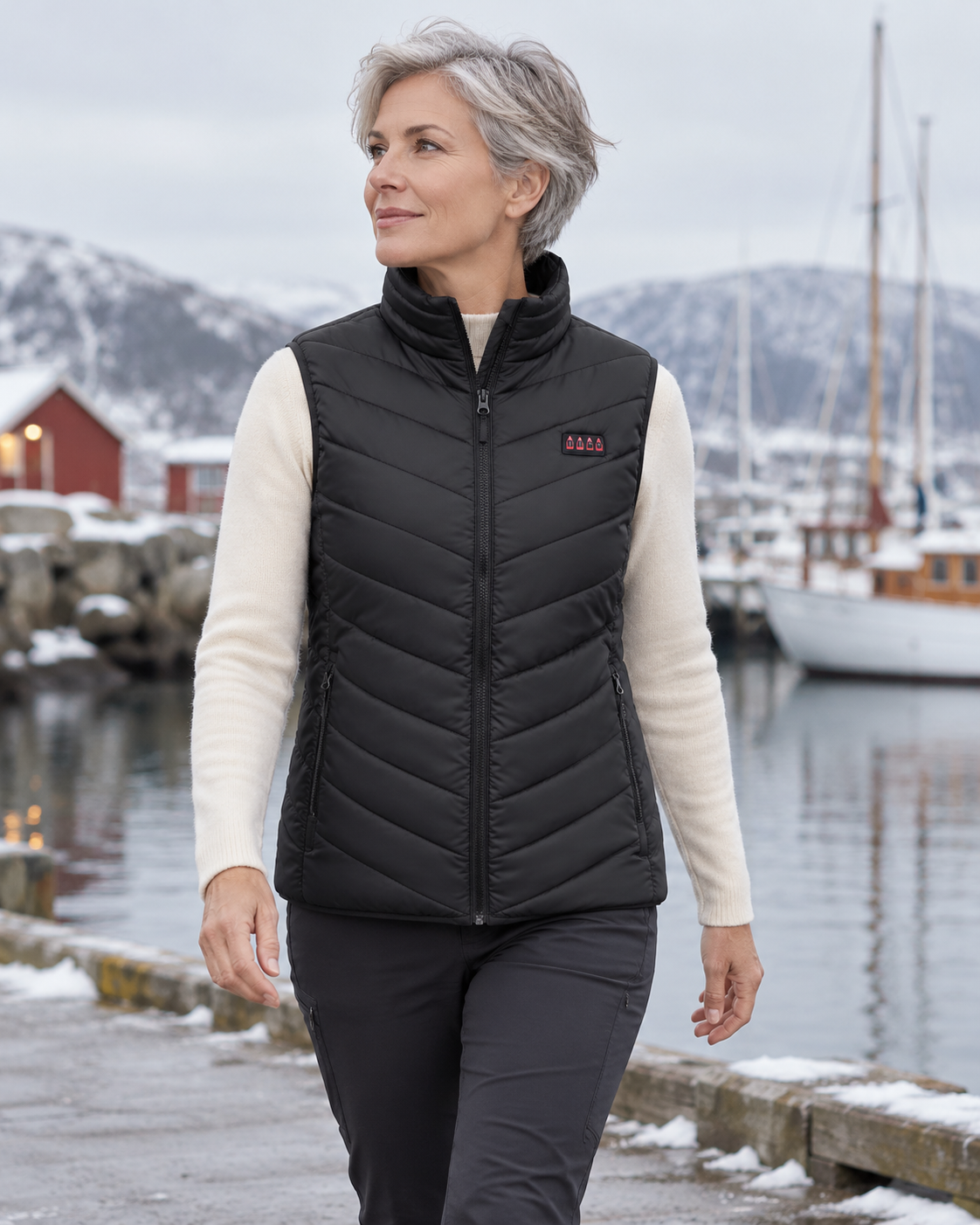 Gilet chauffant matelassé pour femme — porté en situation