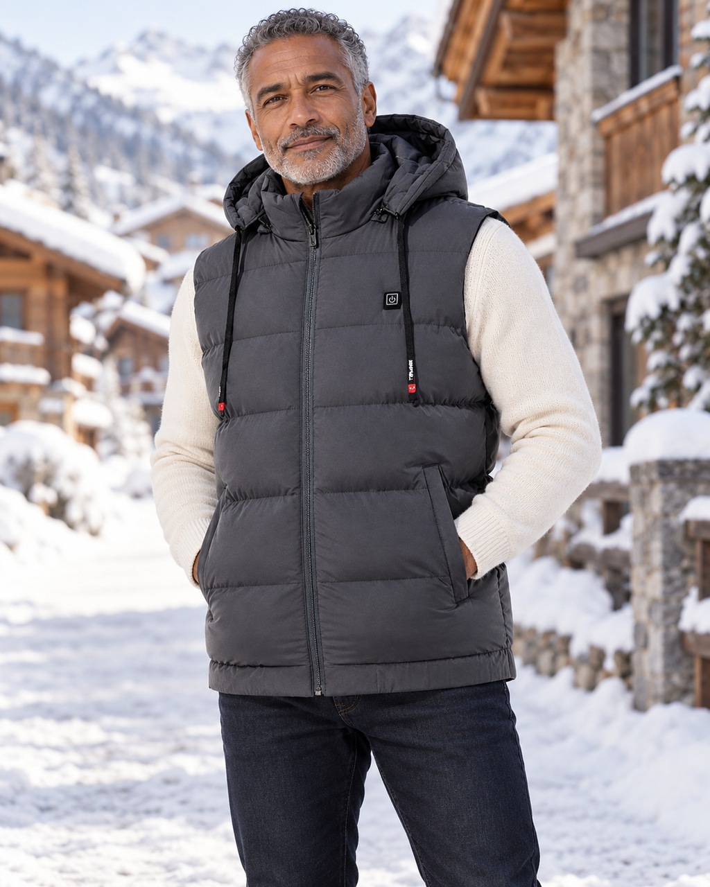 Gilet chauffant avec capuche pour homme — porté en situation