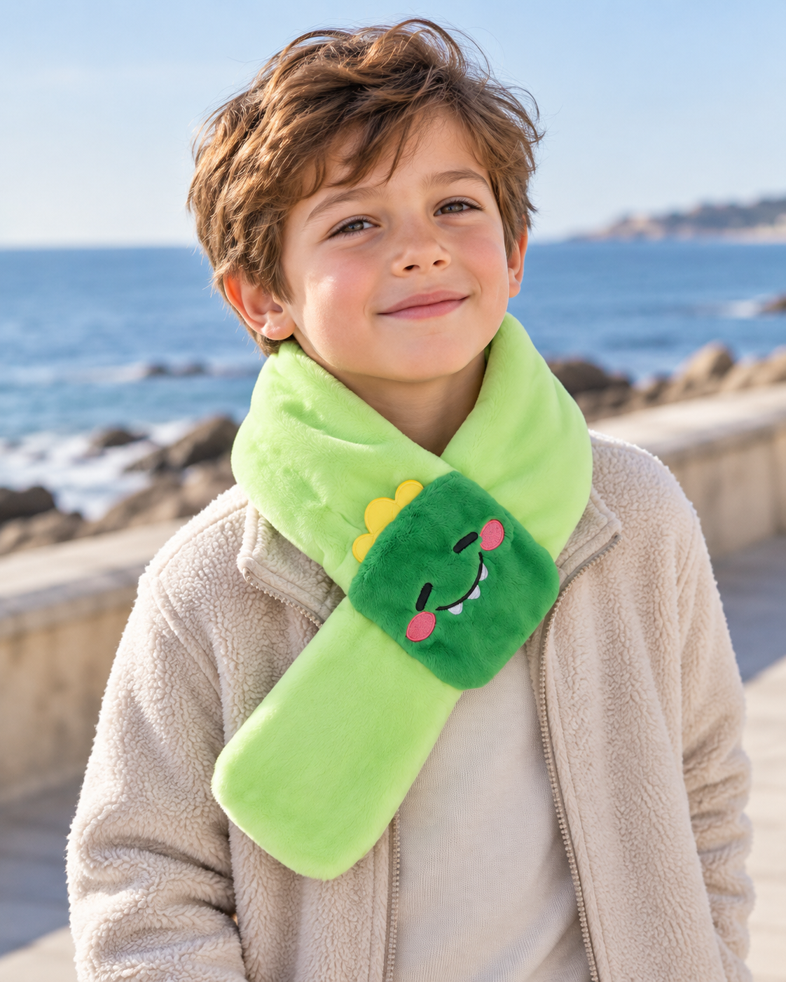 Tour de cou chauffants USB à motif animaux pour enfants — porté en situation