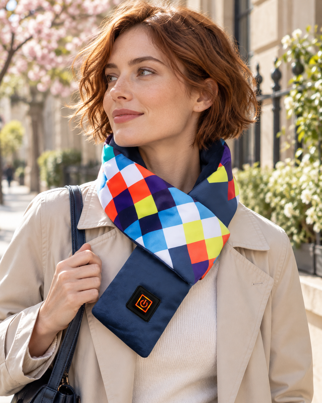 Écharpe chauffante à motif mosaïque multicolore — porté en situation