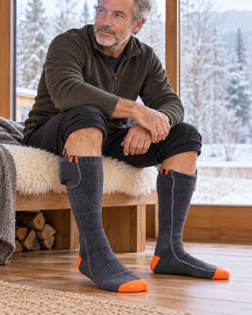 Chaussettes chauffantes grises et oranges pour homme — porté en situation