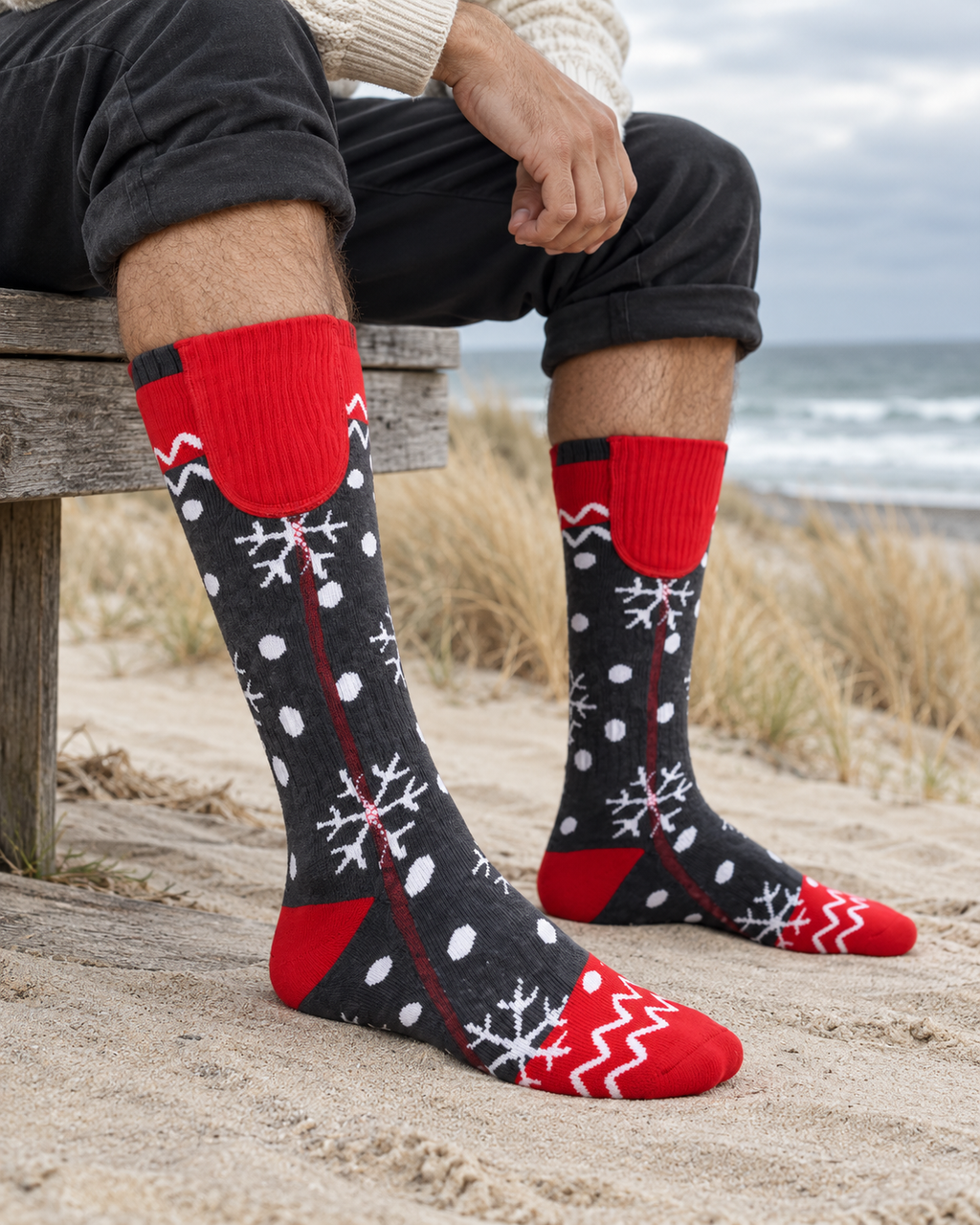 Chaussettes de Noël chauffantes rechargeables pour homme — porté en situation