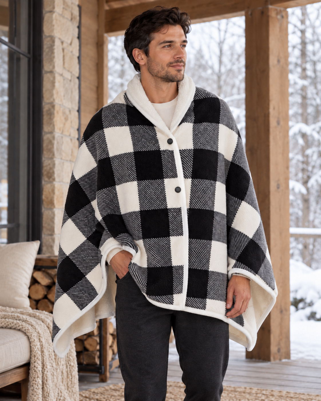 Poncho chauffant à carreaux — porté en situation
