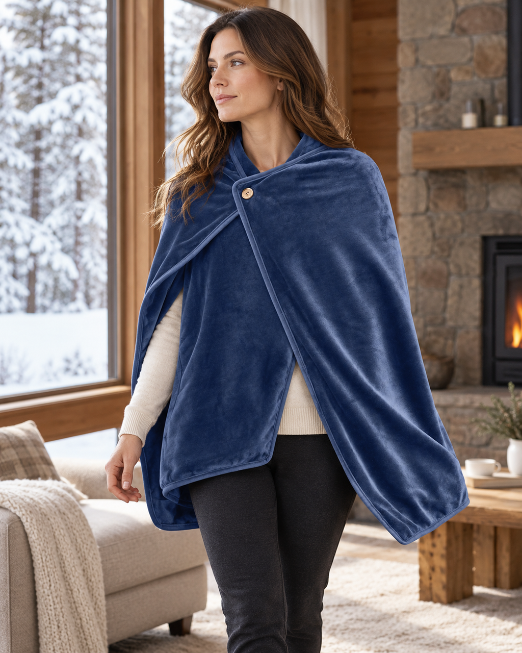 Poncho chauffant en peluche — porté en situation