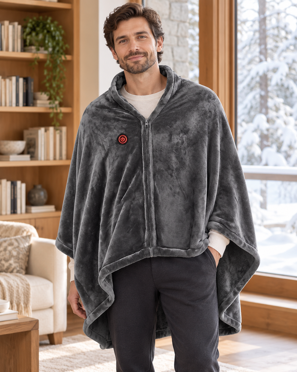 Poncho chauffant en peluche à fermeture éclair — porté en situation