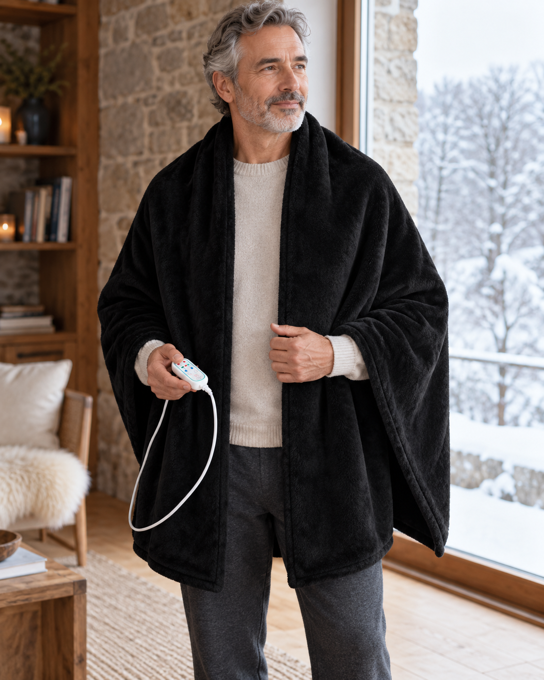 Poncho chauffant en peluche avec télécommande — porté en situation