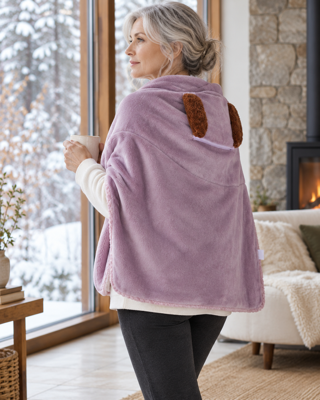 Poncho chauffant style peluche — porté en situation