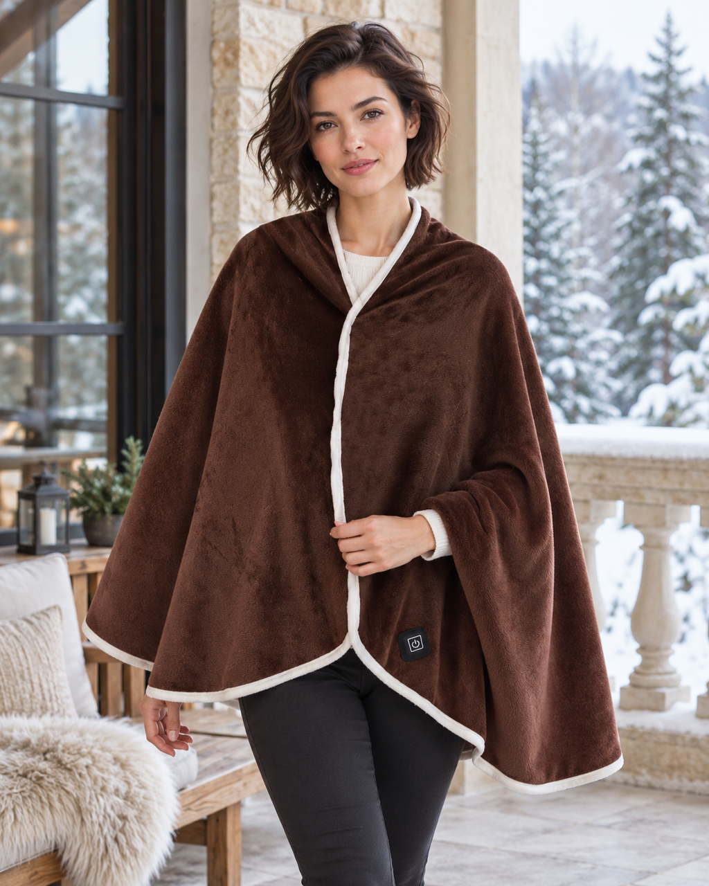 Poncho chauffant en peluche marron — porté en situation