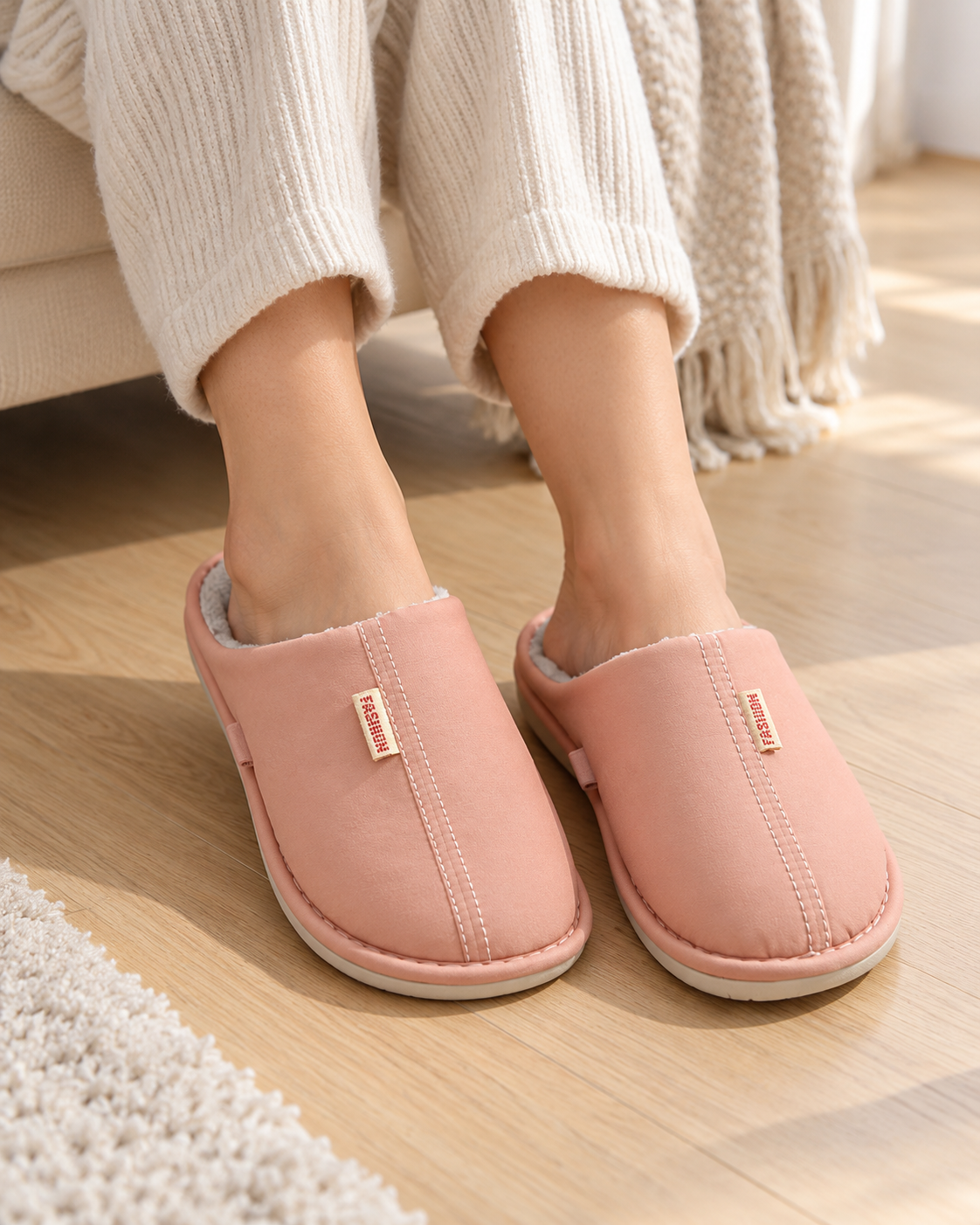 Chaussons chauffants USB roses pour femmes — porté en situation