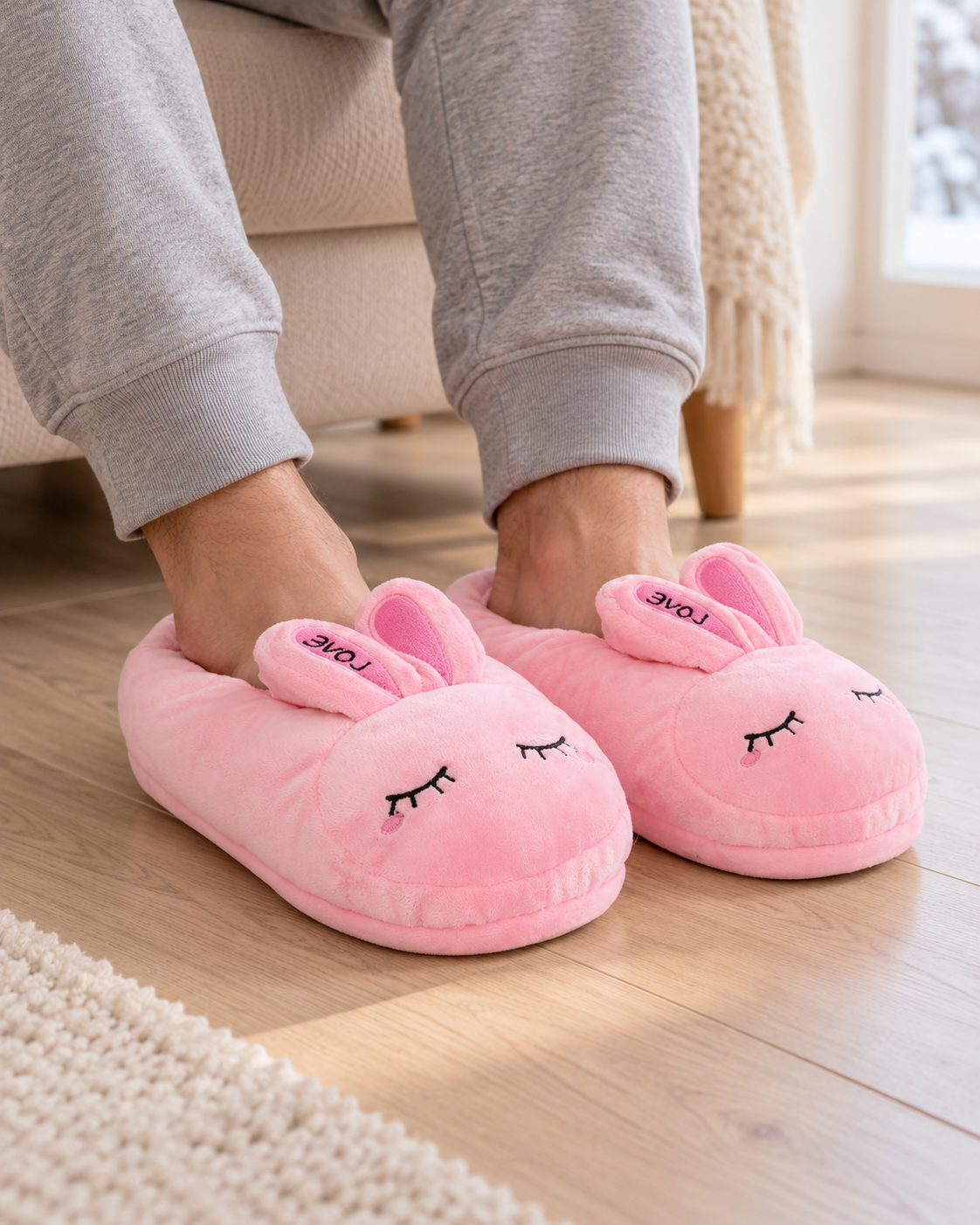 Chaussons chauffants USB lapins roses — porté en situation