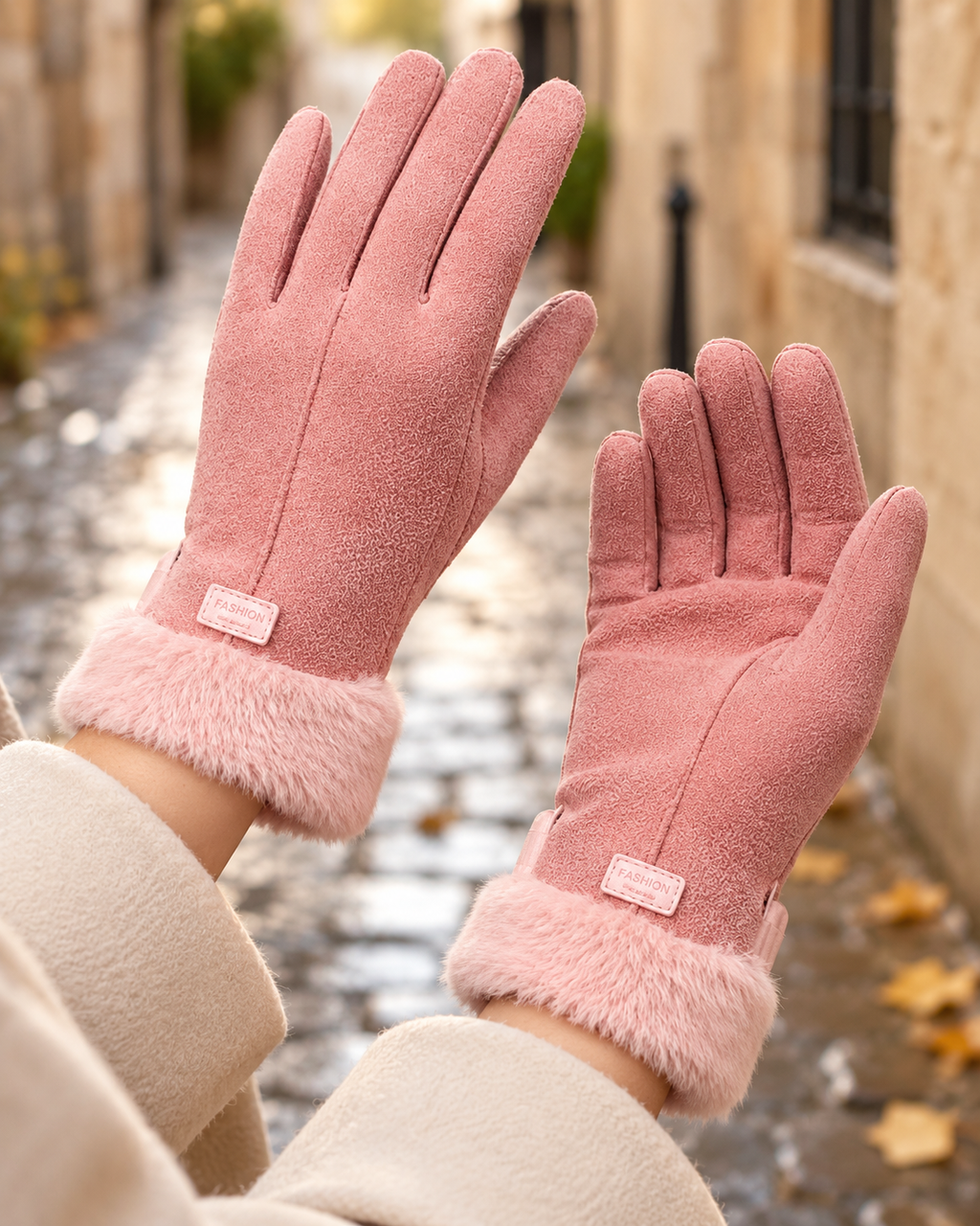 Gants chauffants en daim avec prise USB pour femmes — porté en situation