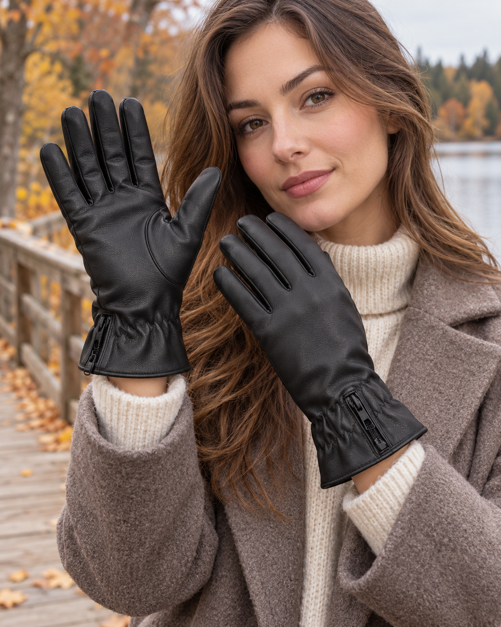 Gants chauffant en cuir PU pour femme — porté en situation