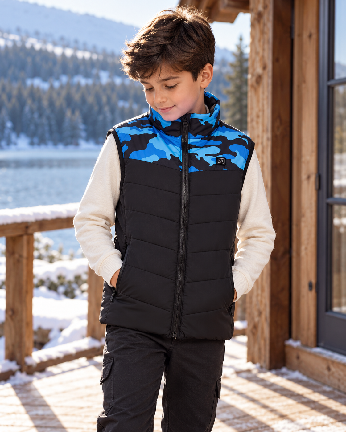 Gilet Chauffant Enfant Camouflage Bleue — porté en situation