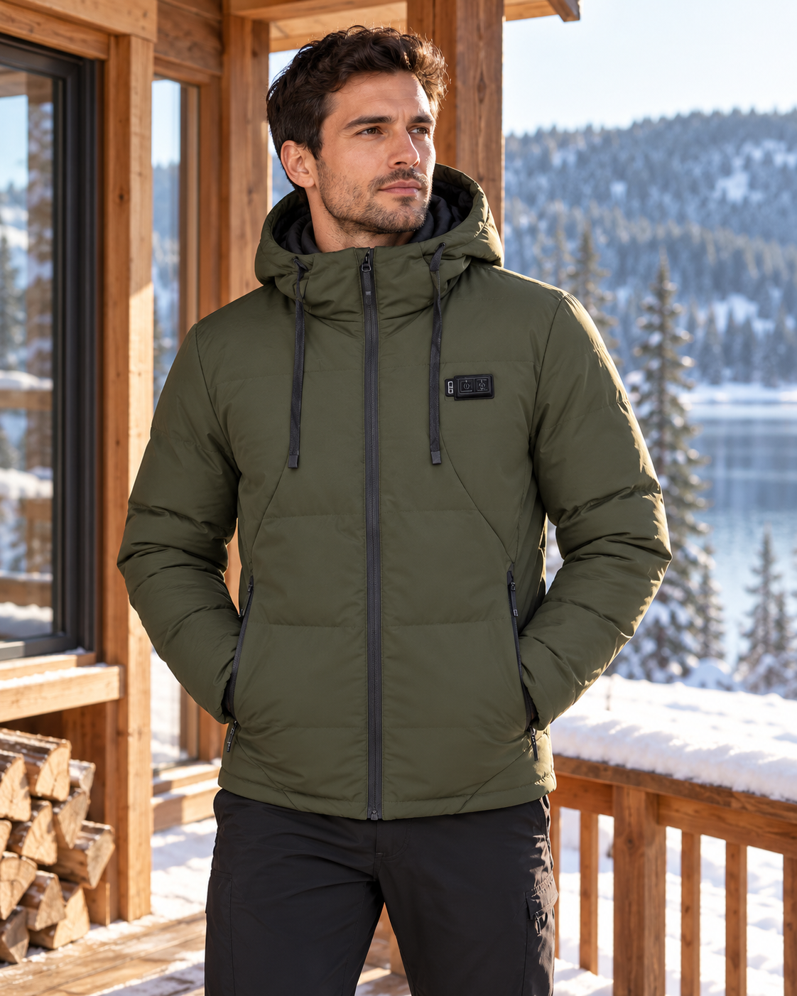 Blouson chauffant épais 11 zones de chauffe et double contrôle — porté en situation