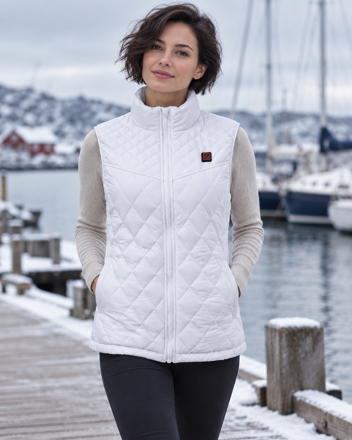 Veste chauffante blanche 5 zones pour femme — porté en situation