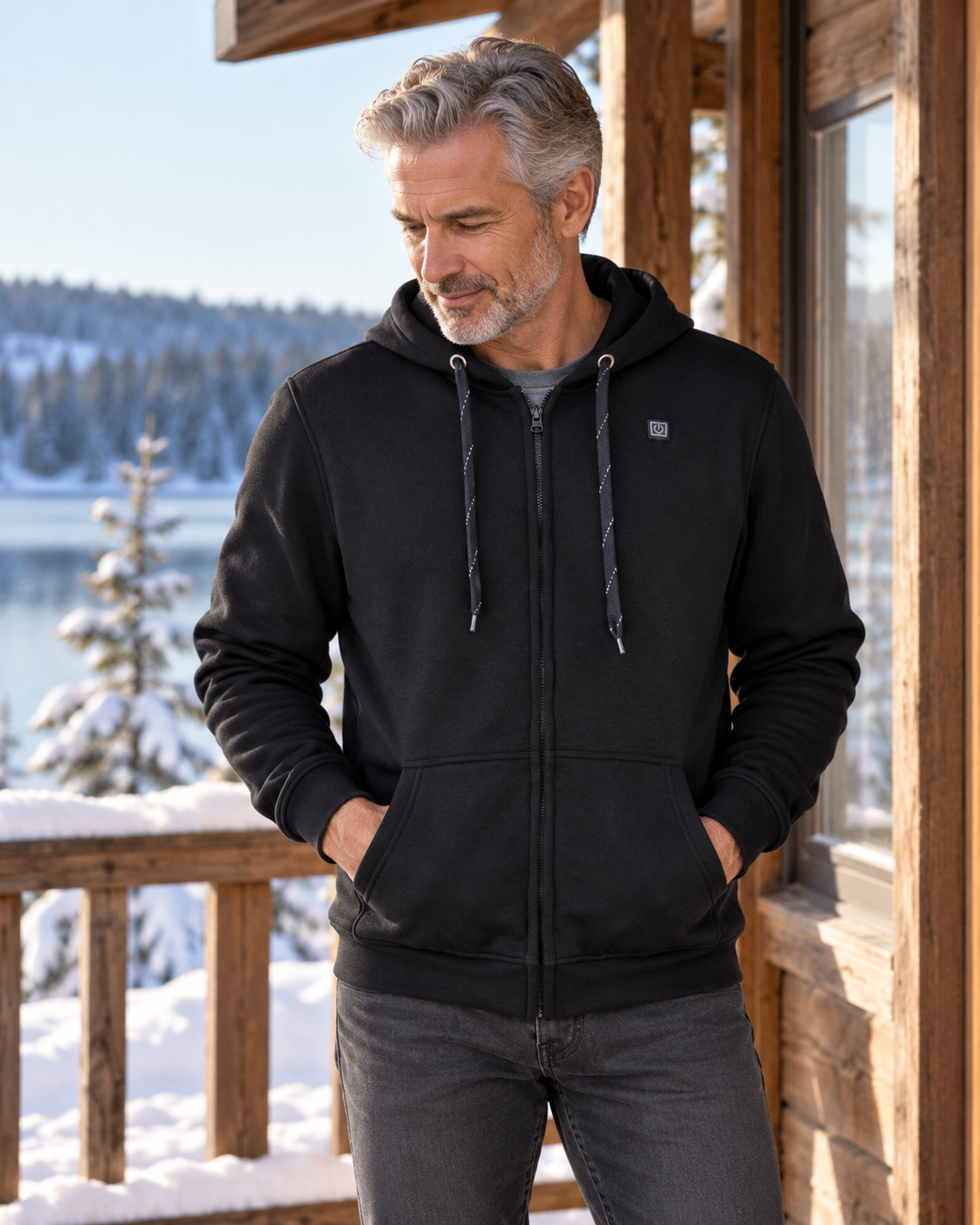Veste à capuche chauffante noire — porté en situation