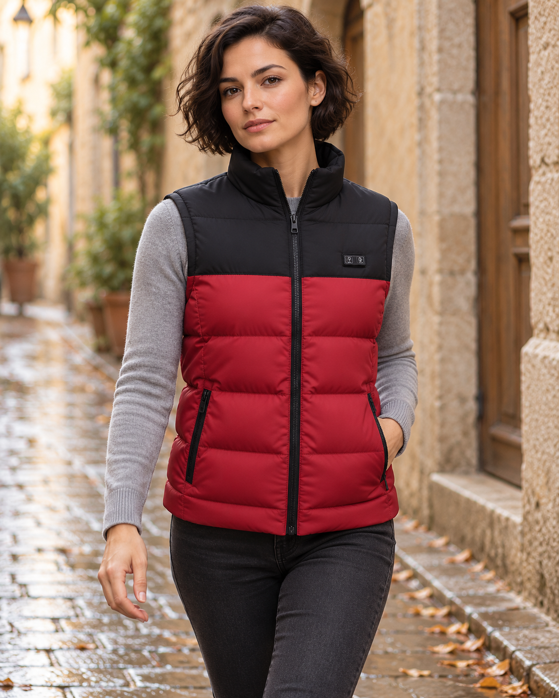 Veste chauffante électrique à manche courte rouge et noire — porté en situation