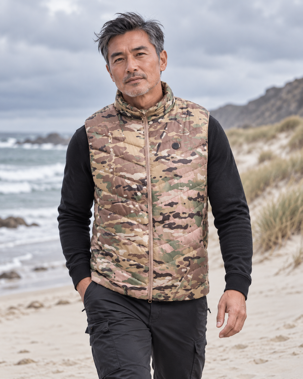 Doudoune chauffante électrique homme camouflage — porté en situation