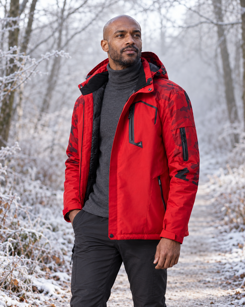 Veste chauffante rouge — porté en situation