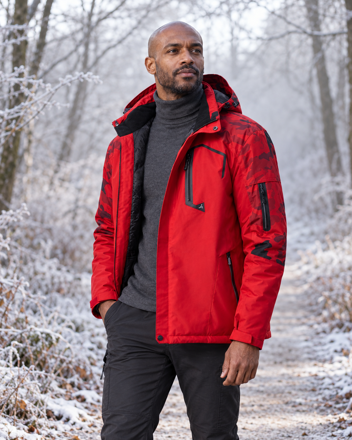 Veste chauffante rouge — porté en situation