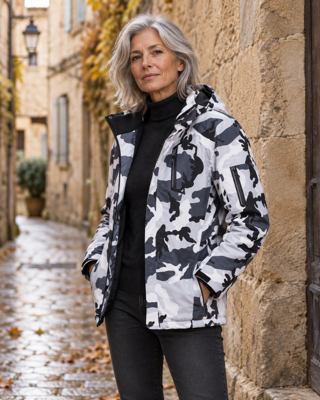 Veste chauffante vieux campeur — porté en situation