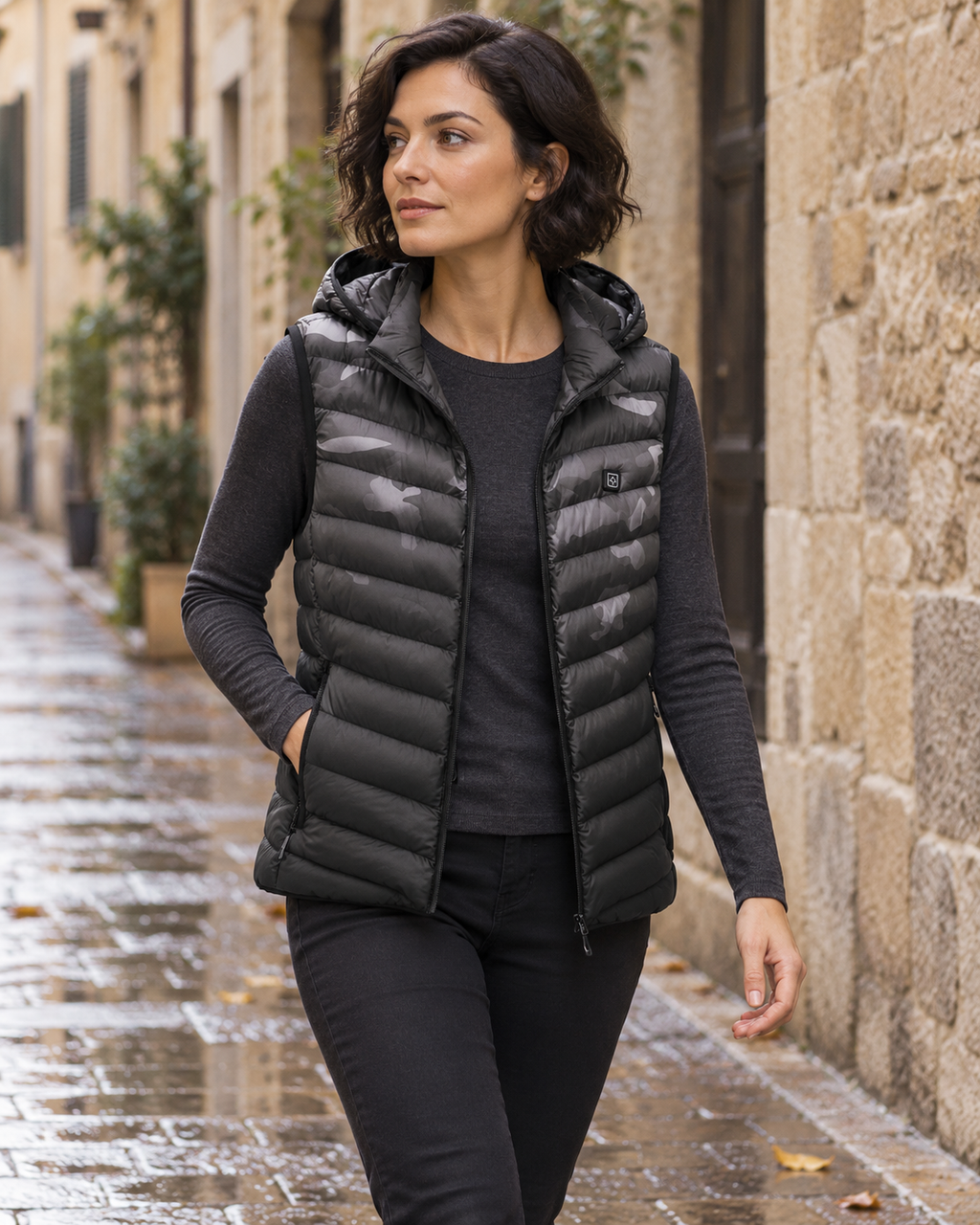 Veste chauffante femme camouflage 1 zone de chauffage — porté en situation