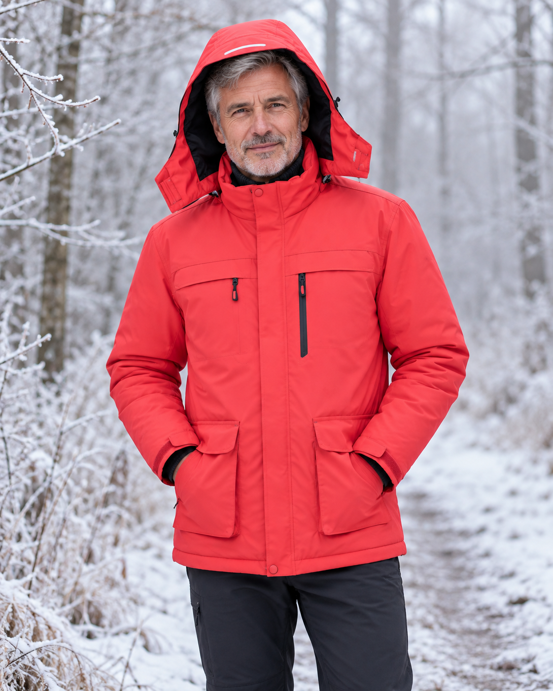 Veste chauffante unisex rouge — porté en situation