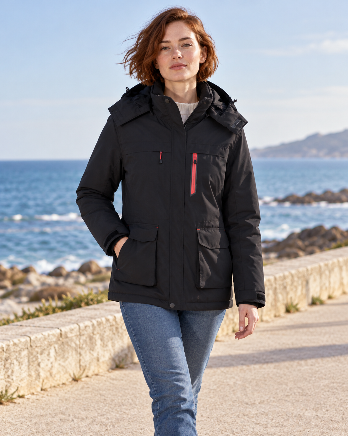 Veste chauffante unisex noire — porté en situation