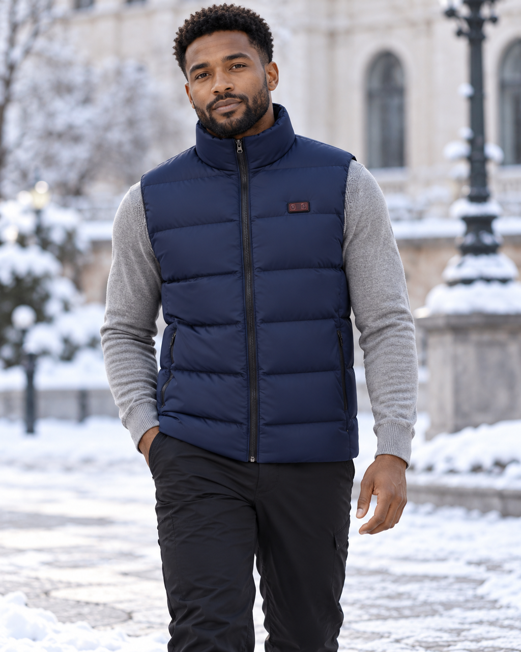 Veste chauffante imperméable bleu — porté en situation