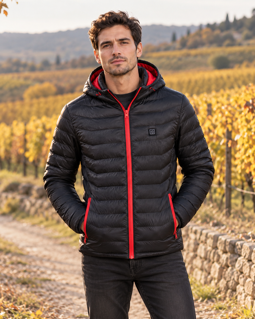 Veste d'hiver chauffante rouge et noire — porté en situation